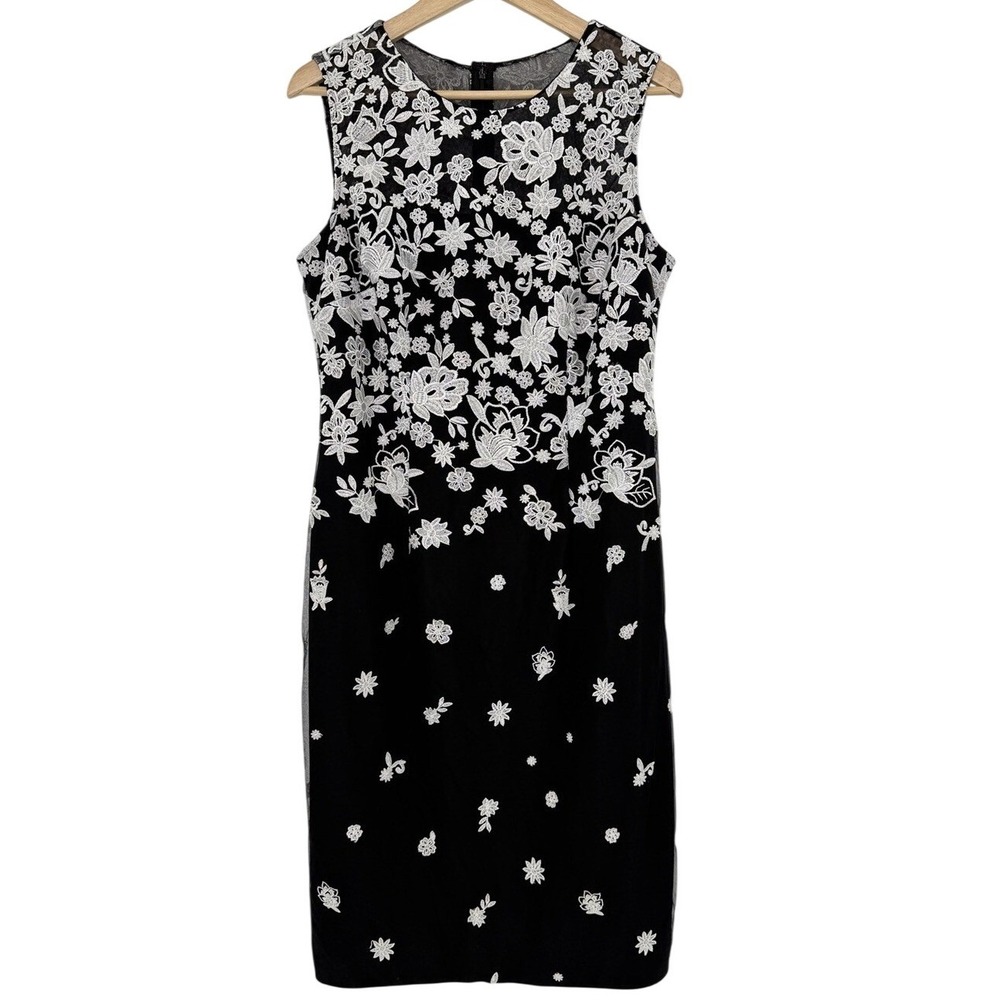 White House Black Market Sleeveless Floral Embroidered Sheath Dress Sz 14 Preppy